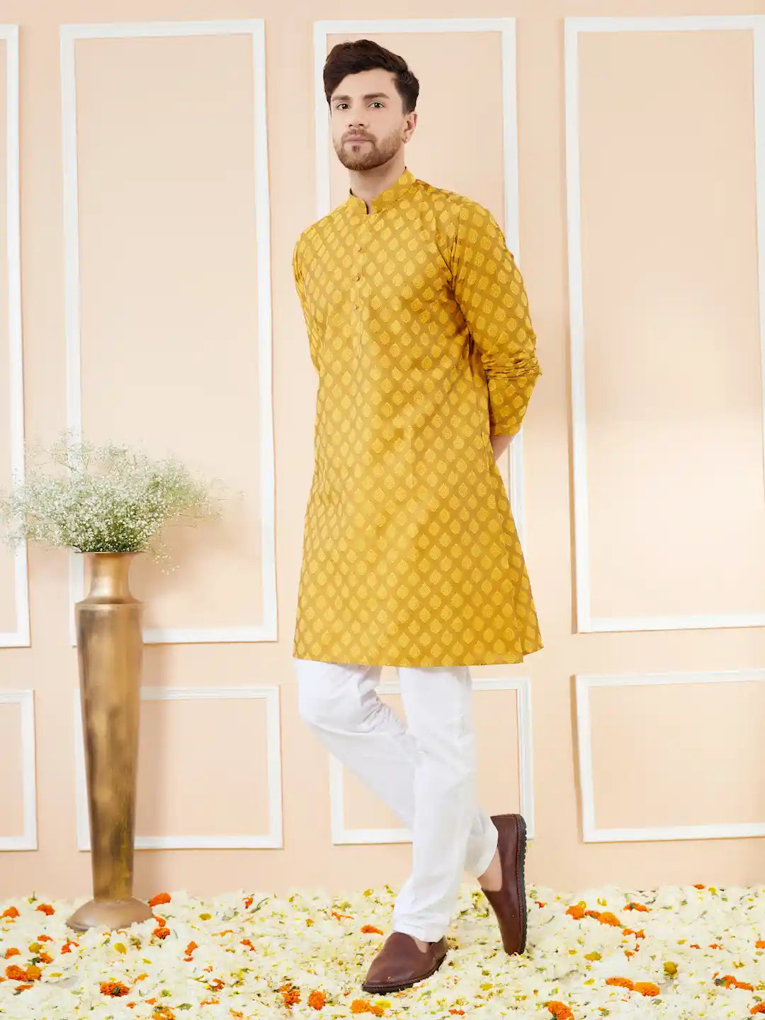 Mustard Ethnic Motifs Silk Jacquard Woven Design Straight Kurta with Pyjama