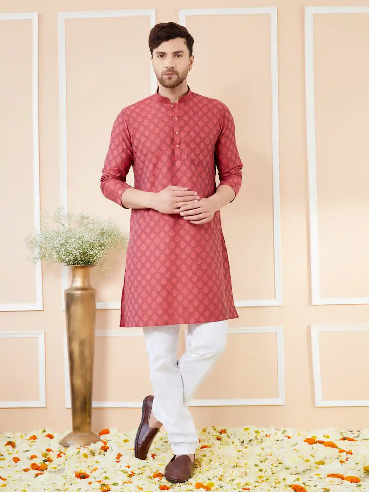 Red Ethnic Motifs Silk Jacquard Woven Design Straight Kurta