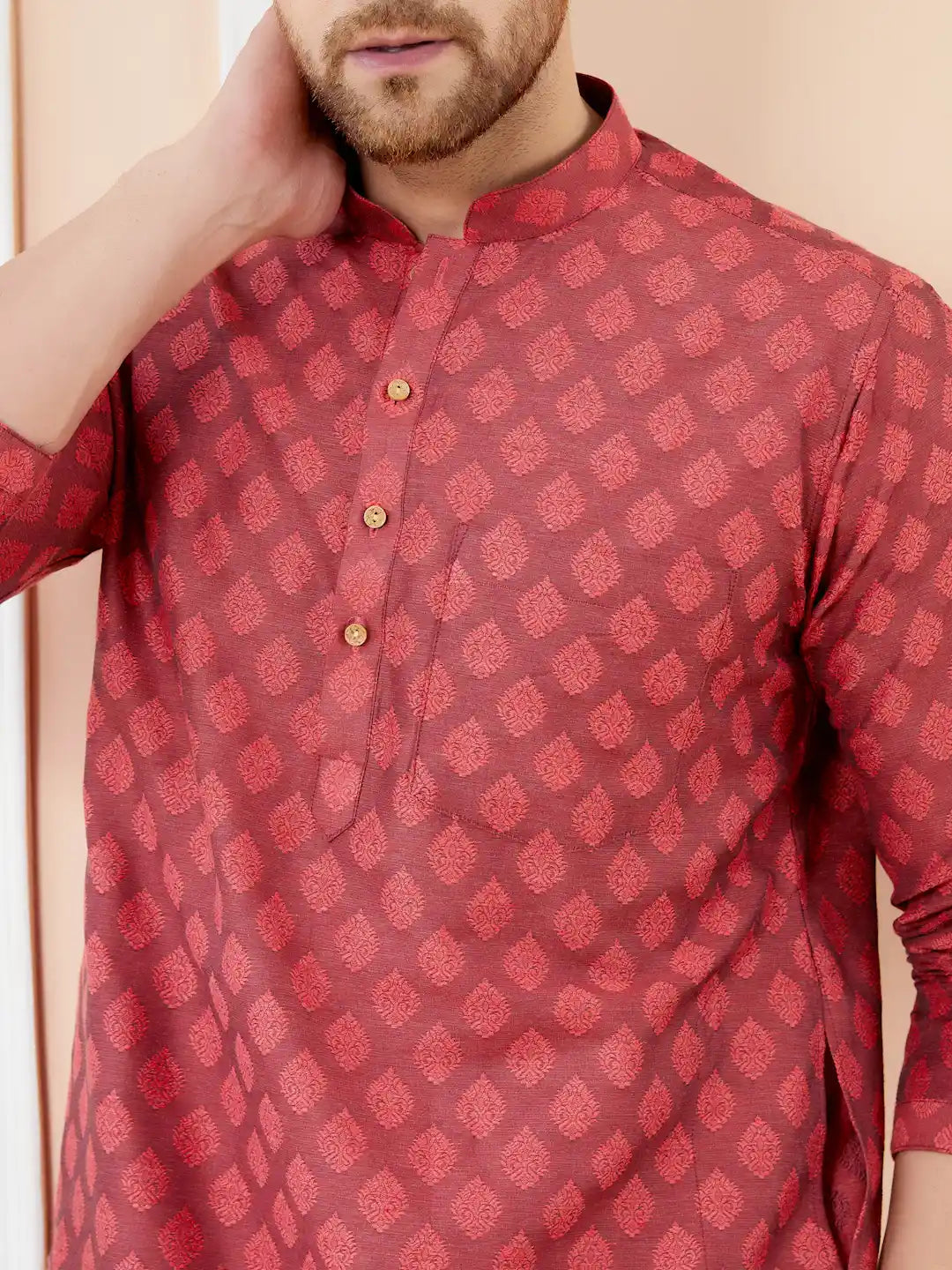 Red Ethnic Motifs Silk Jacquard Woven Design Straight Kurta with Pyjama