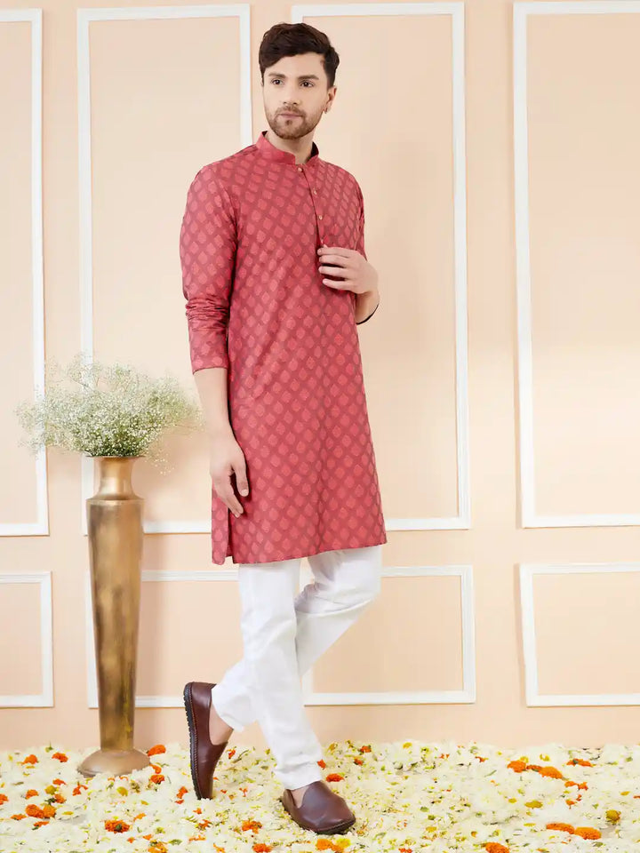 Red Ethnic Motifs Silk Jacquard Woven Design Straight Kurta with Pyjama