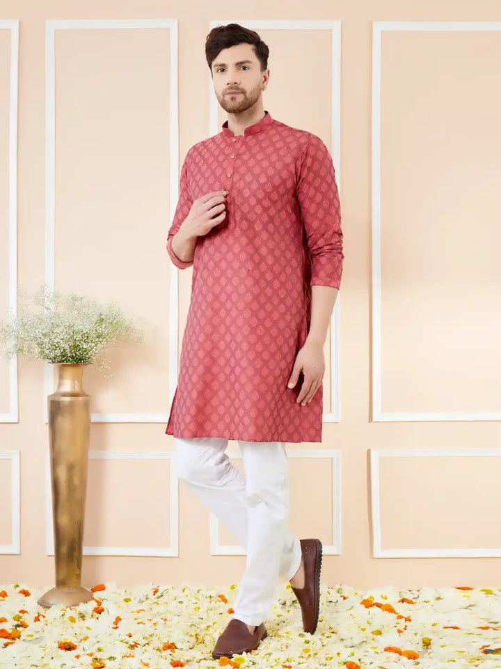 Red Ethnic Motifs Silk Jacquard Woven Design Straight Kurta with Pyjama