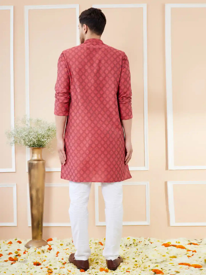 Red Ethnic Motifs Silk Jacquard Woven Design Straight Kurta with Pyjama