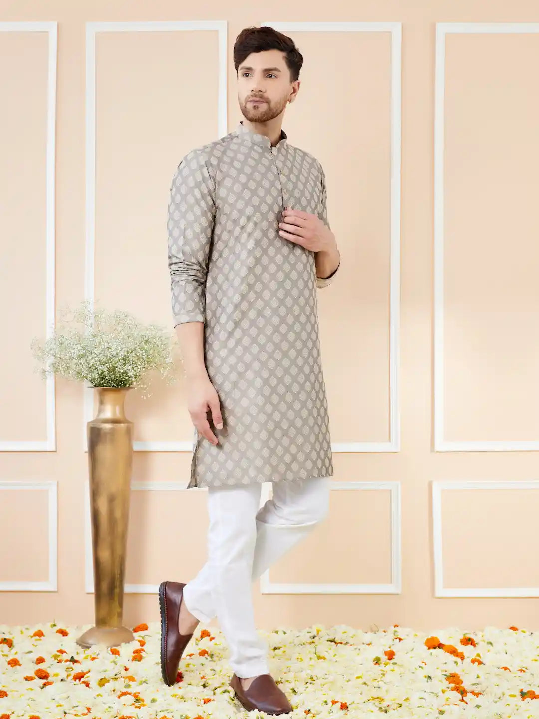 Grey Ethnic Motifs Silk Jacquard Woven Design Straight Kurta