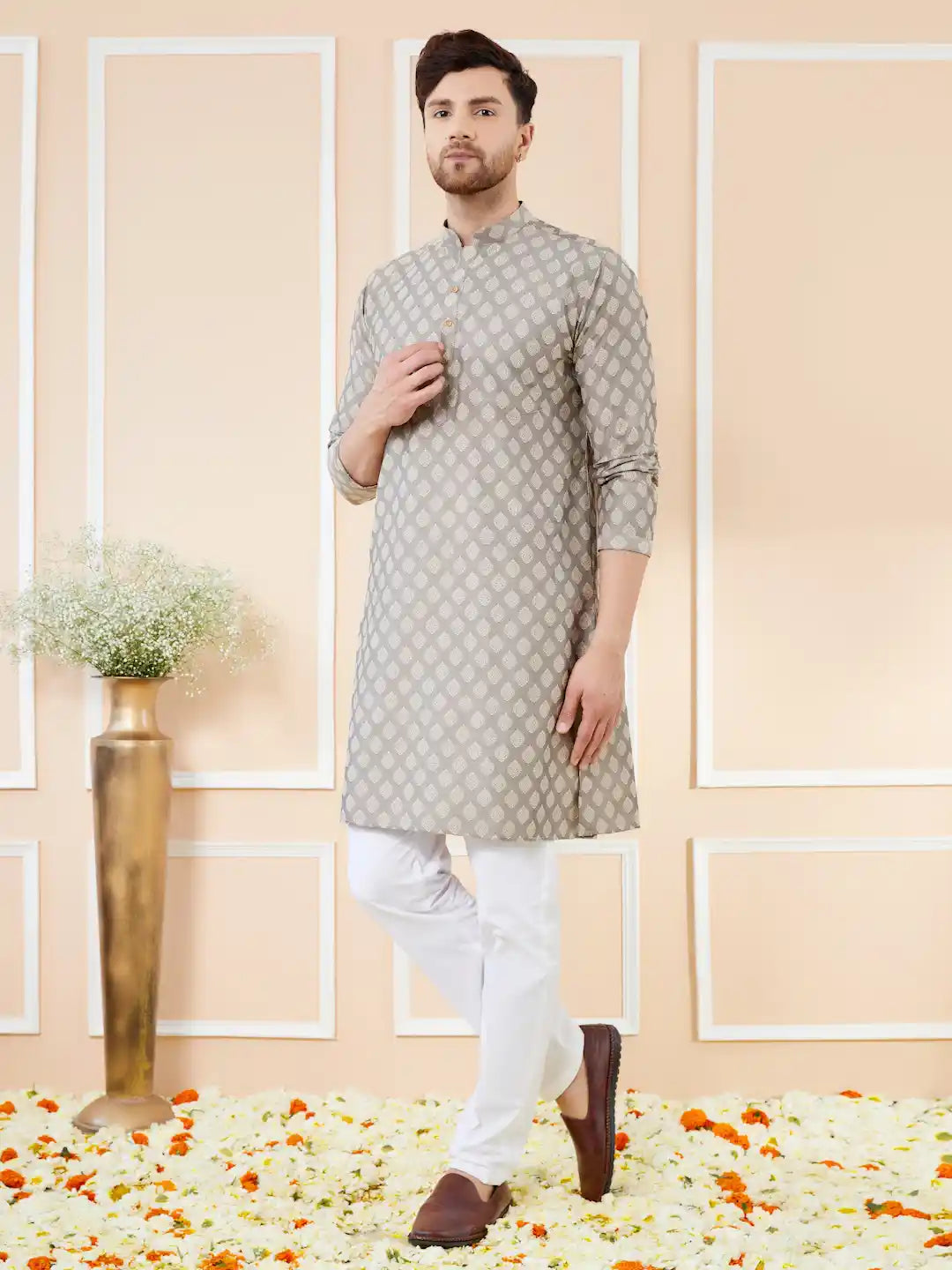 Grey Ethnic Motifs Silk Jacquard Woven Design Straight Kurta