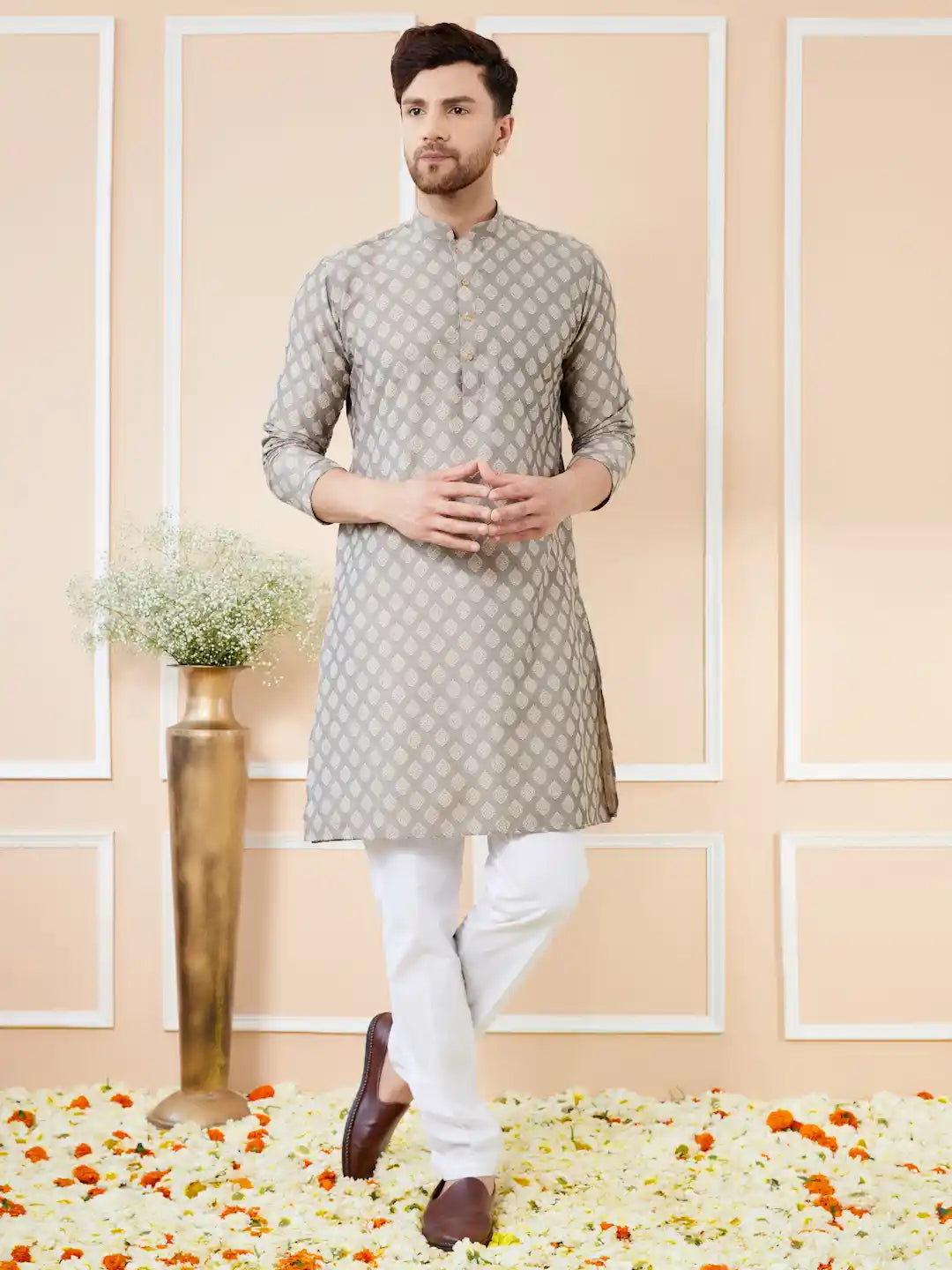 Grey Ethnic Motifs Silk Jacquard Woven Design Straight Kurta