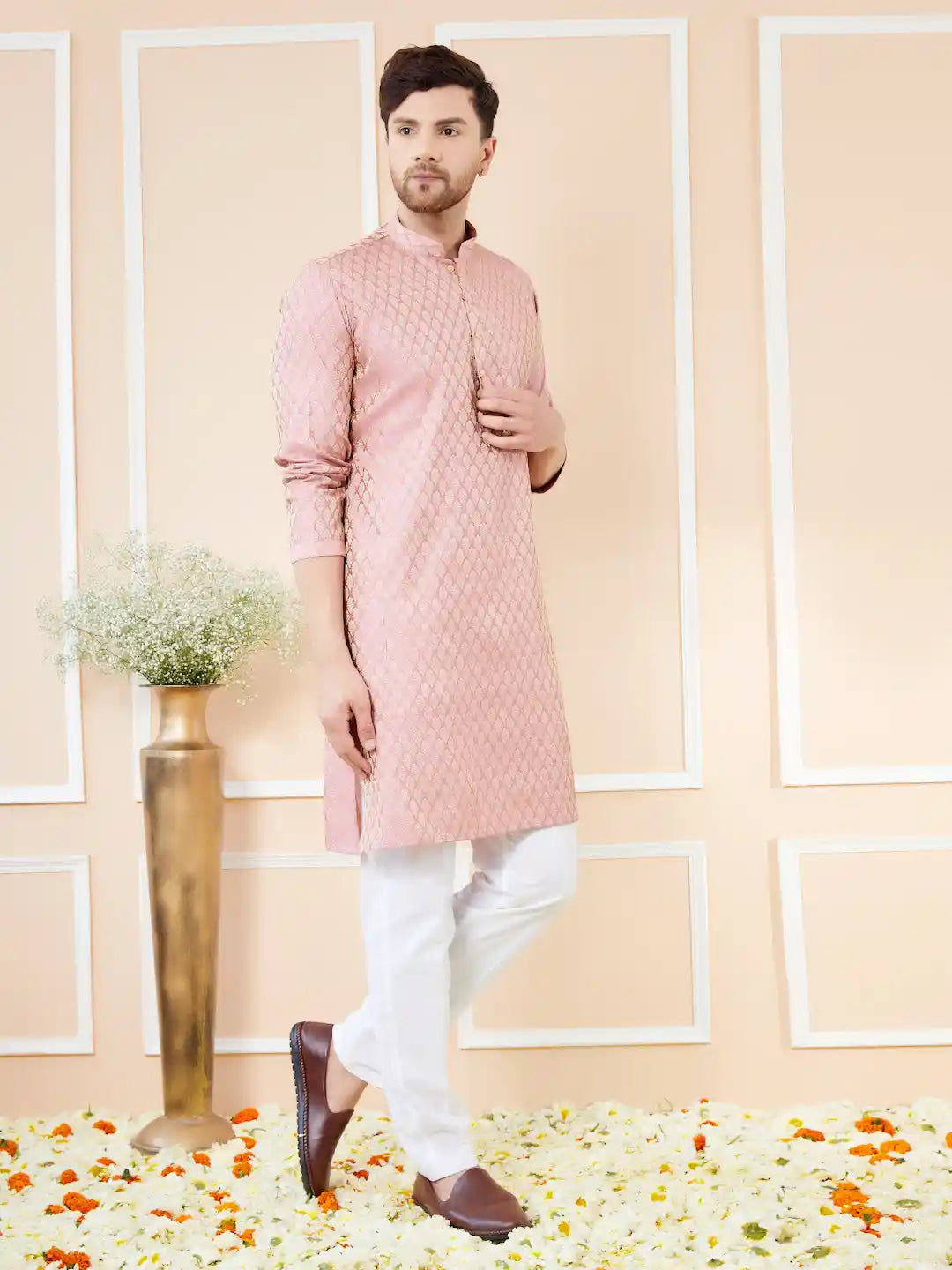 Pink Ethnic Motifs Silk Jacquard Woven Design Straight Kurta