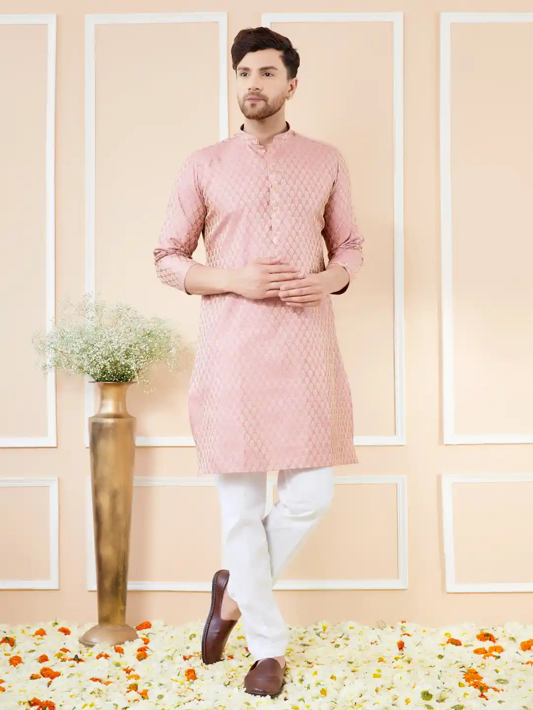 Pink Ethnic Motifs Silk Jacquard Woven Design Straight Kurta