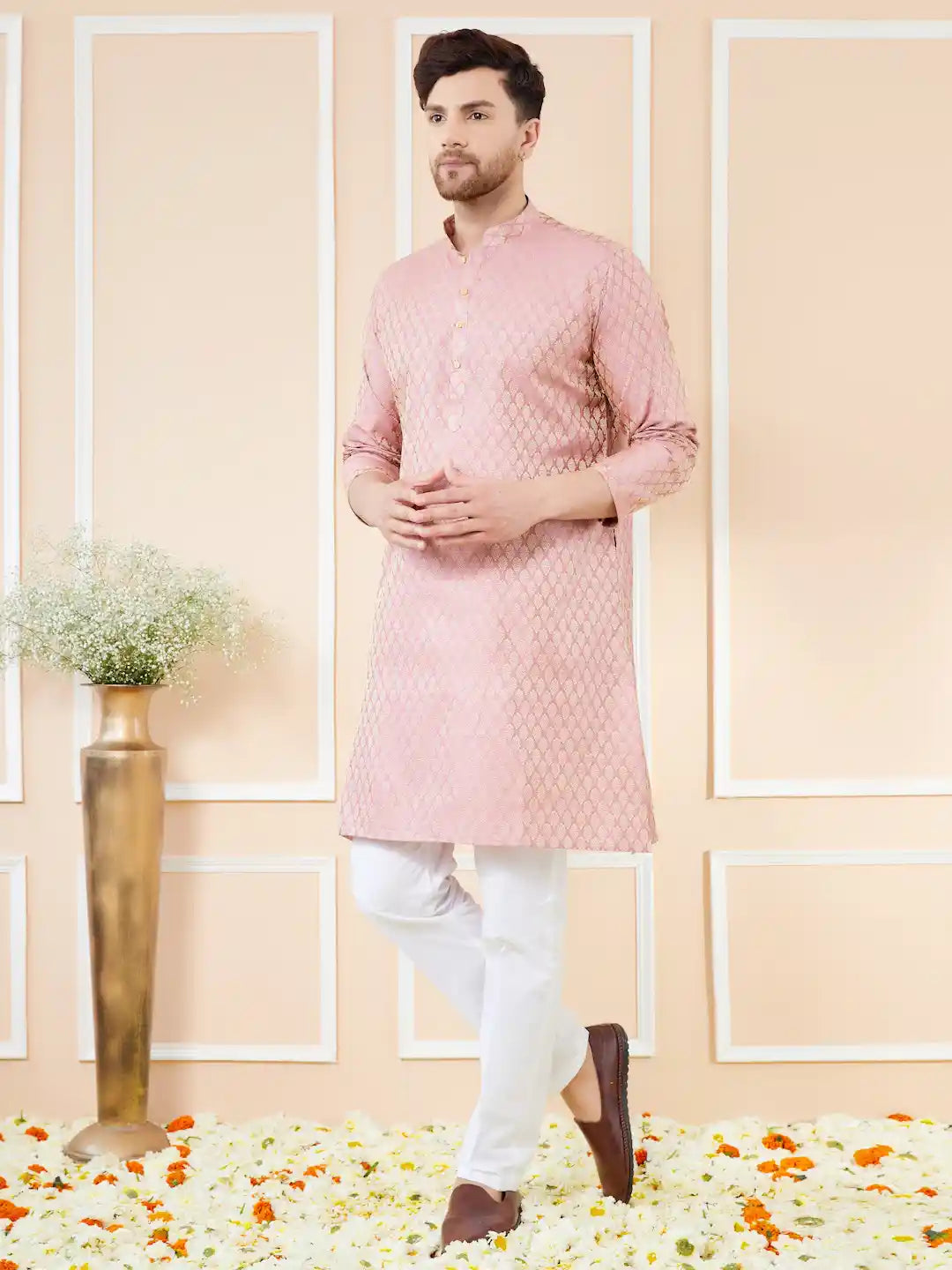 Pink Ethnic Motifs Silk Jacquard Woven Design Straight Kurta