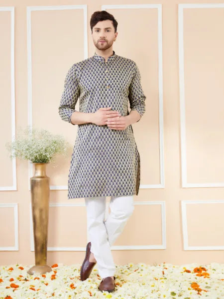 Navy Blue Ethnic Motifs Silk Jacquard Woven Design Straight Kurta