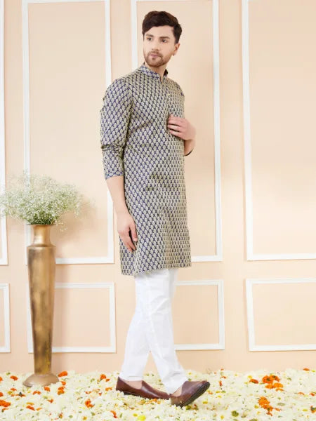 Navy Blue Ethnic Motifs Silk Jacquard Woven Design Straight Kurta