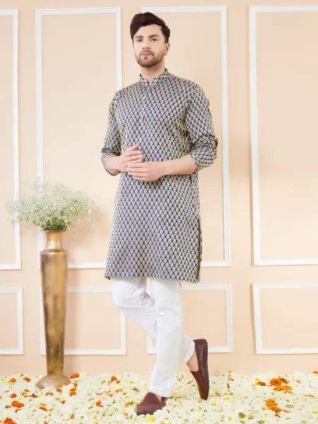 Navy Blue Ethnic Motifs Silk Jacquard Woven Design Straight Kurta