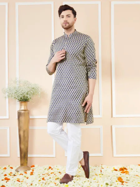 Navy Blue Ethnic Motifs Silk Jacquard Woven Design Straight Kurta