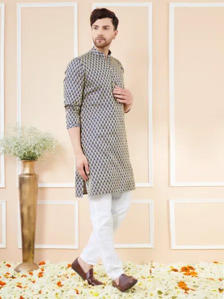 Navy Blue Ethnic Motifs Silk Jacquard Woven Design Straight Kurta