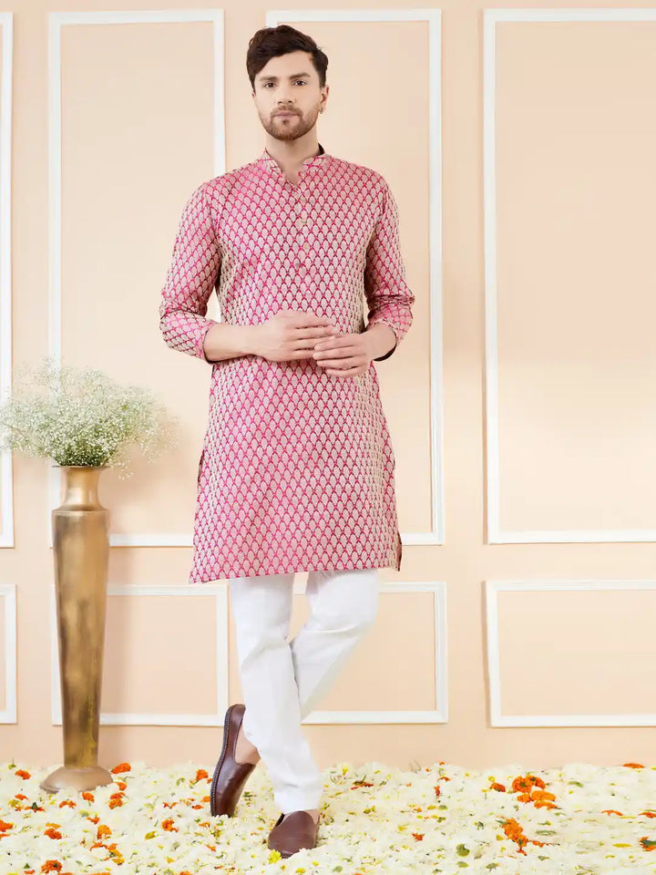 Pink Ethnic Motifs Silk Jacquard Woven Design Straight Kurta