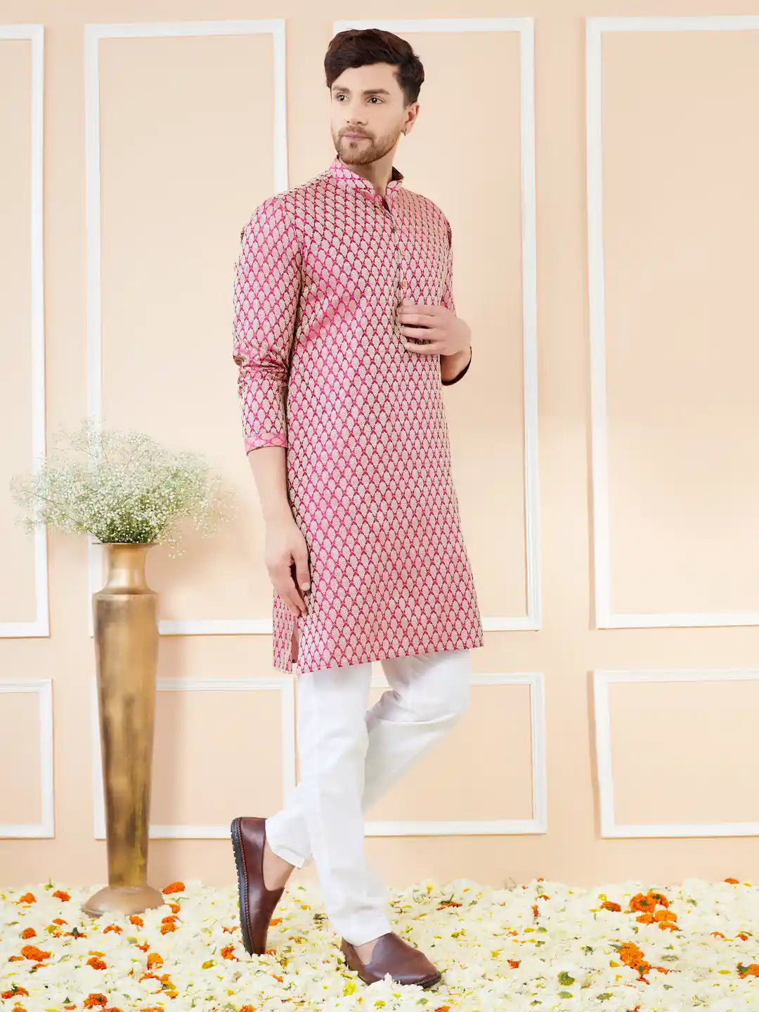 Pink Ethnic Motifs Silk Jacquard Woven Design Straight Kurta