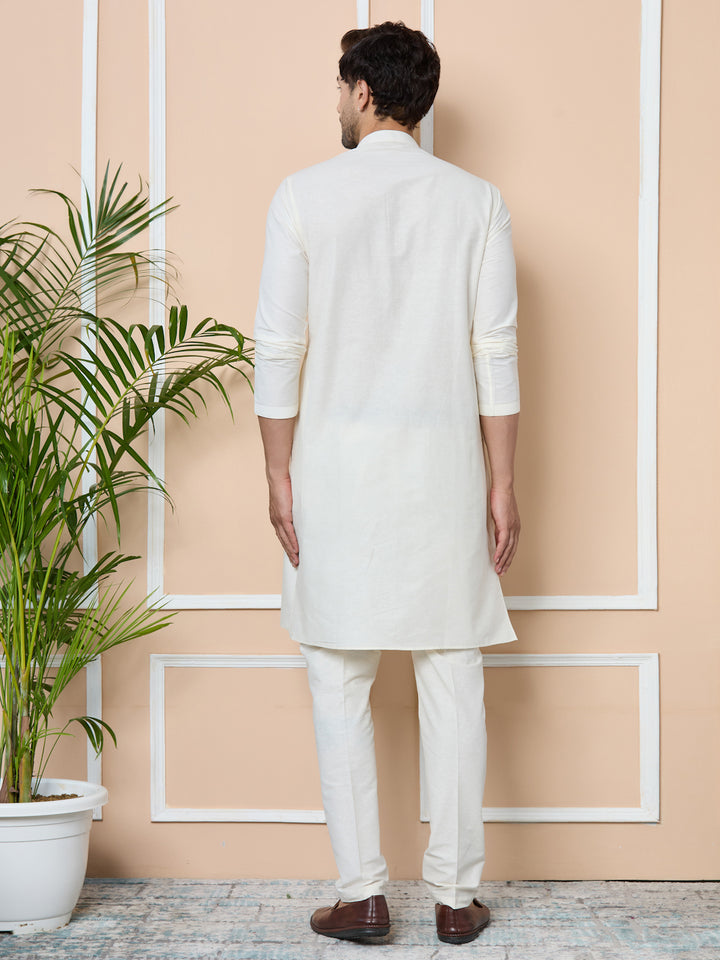 White Embroidered Nehru Jacket with Solid Kurta-Pyjama (3 Piece Set)