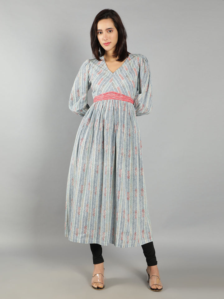 Printed Pleated Cotton A-Line Kurta