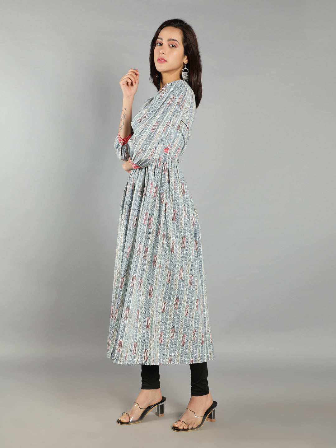 Printed Pleated Cotton A-Line Kurta