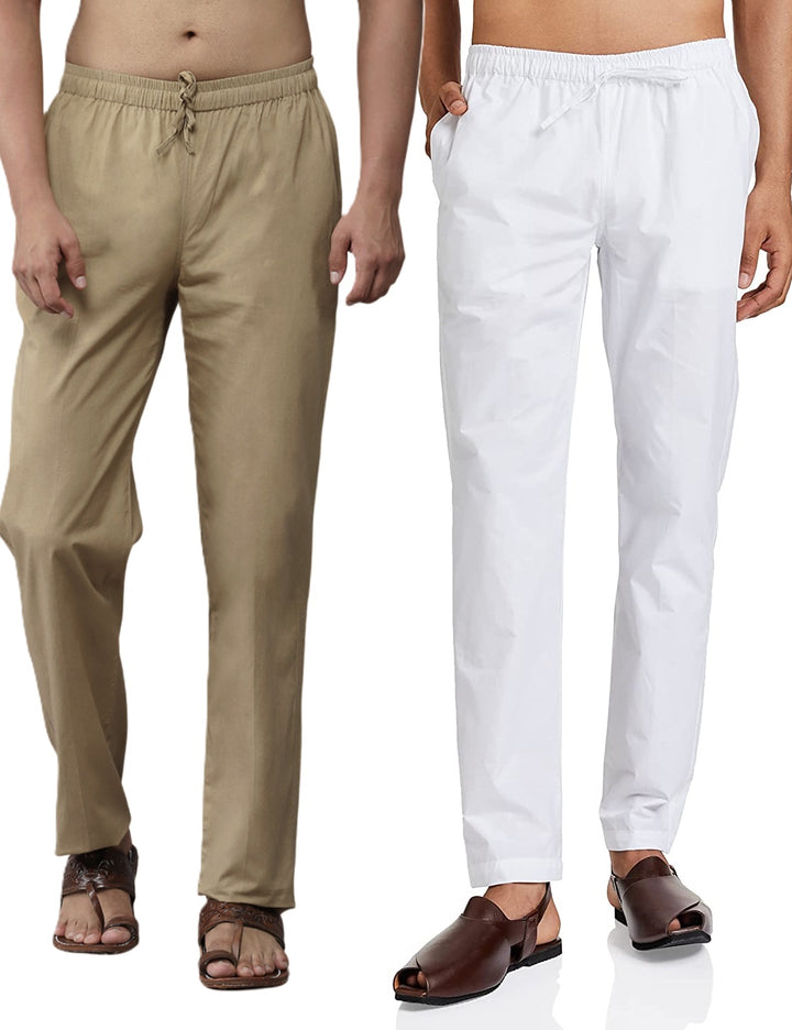 Combo Pack of 2: White & Brown Solid Cotton Pyjamas