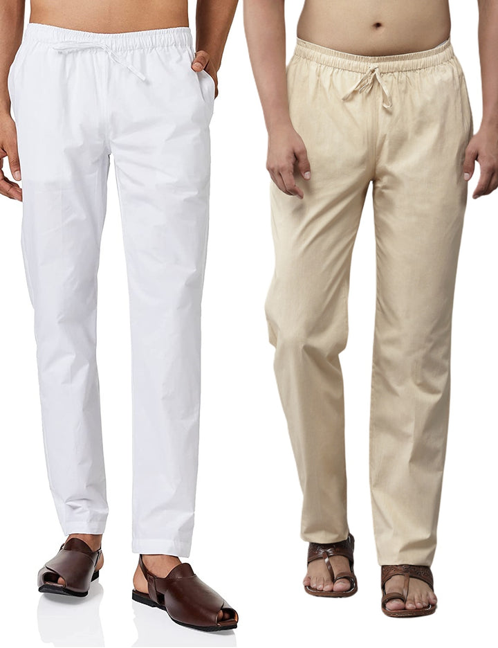 Combo Pack of 2: White & Beige Solid Cotton Pyjamas