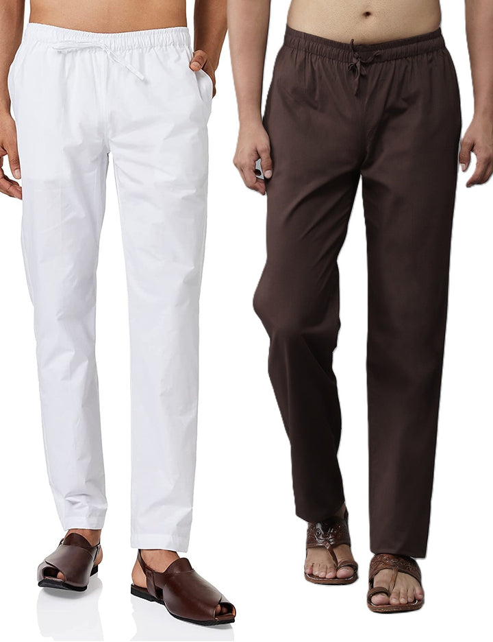 Combo Pack of 2: White & Coffee Solid Cotton Pyjamas