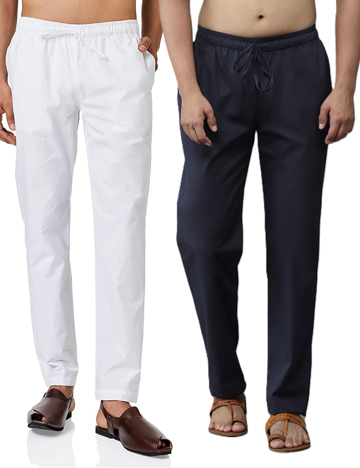 Combo Pack of 2: White & Navy Blue Solid Cotton Pyjamas