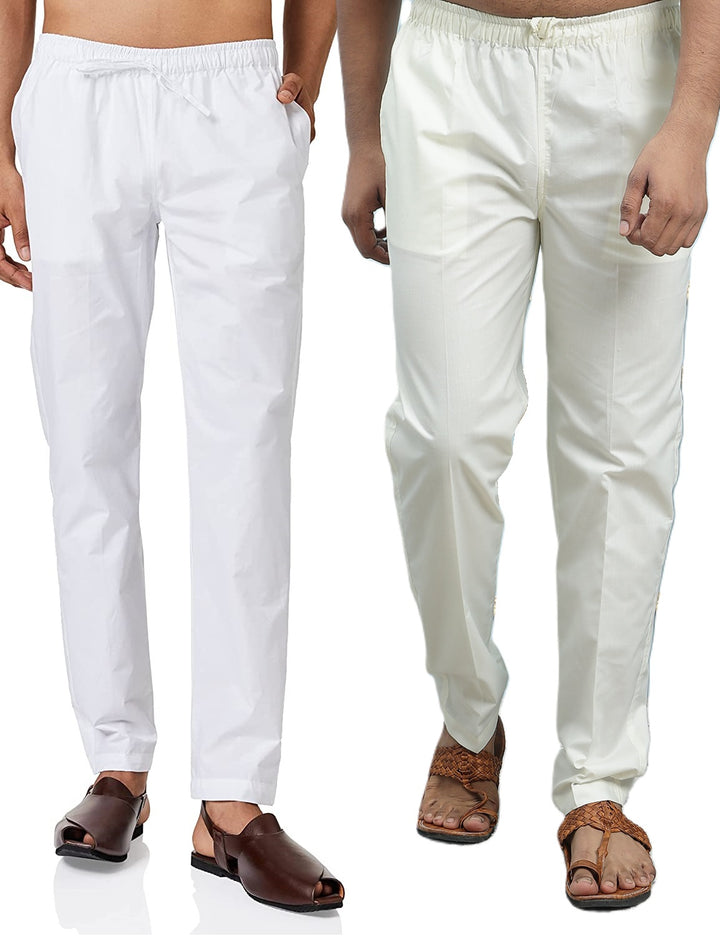 Combo Pack of 2: White & Cream Blue Solid Cotton Pyjamas