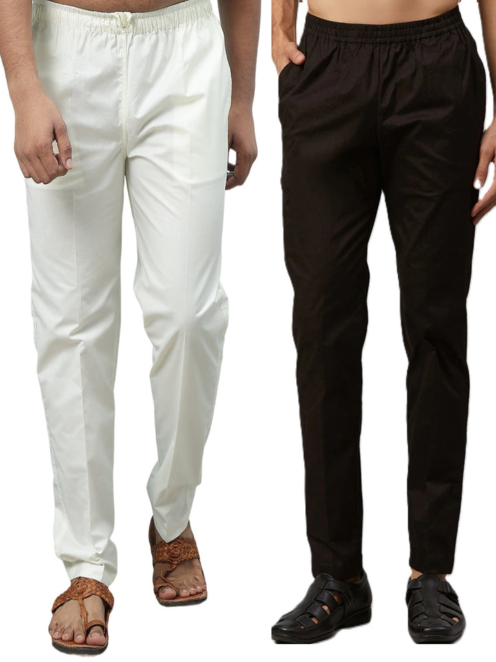 Combo Pack of 2: Black & Cream Solid Cotton Pyjamas