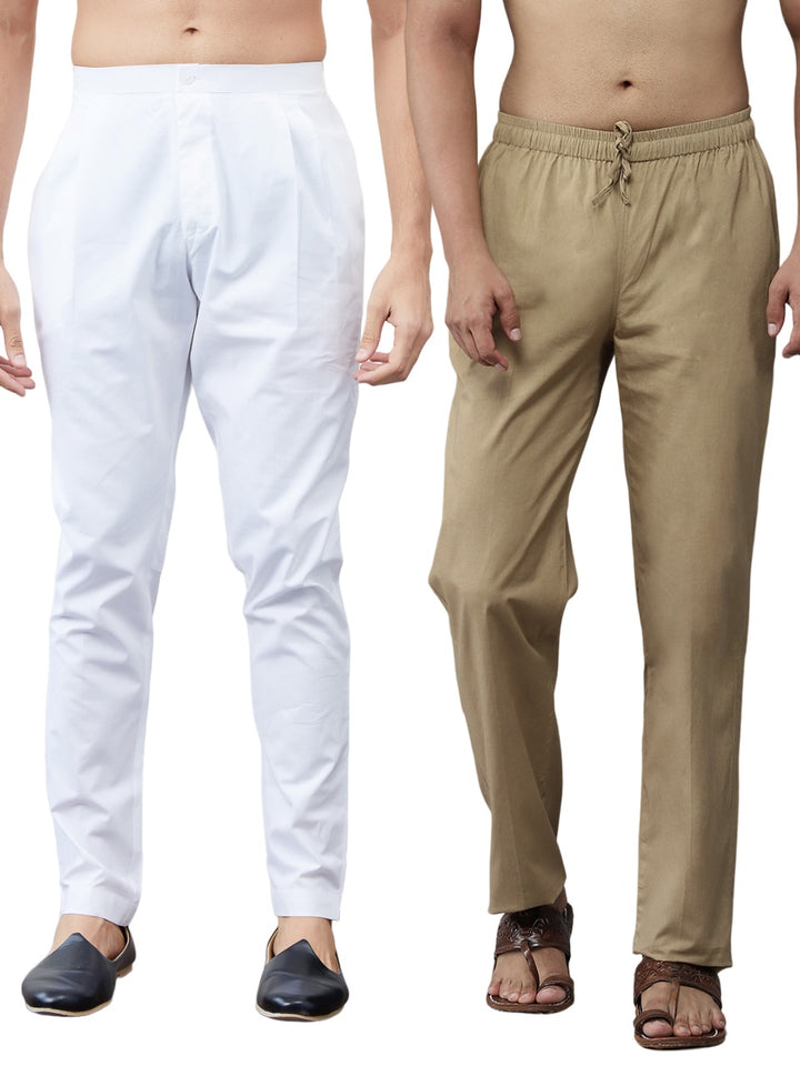 Combo Pack of 2: White & Brown Solid Cotton Pyjamas