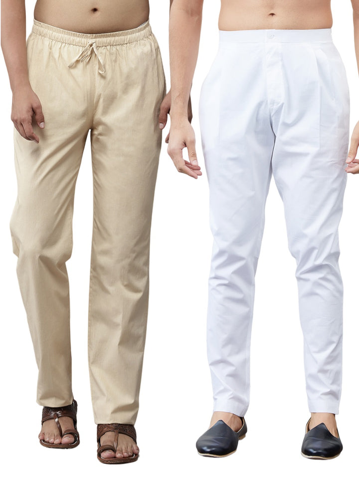 Combo Pack of 2: White & Beige Solid Cotton Pyjamas