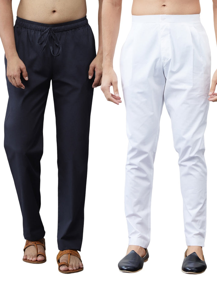 Combo Pack of 2: White & Navy Blue Solid Cotton Pyjamas