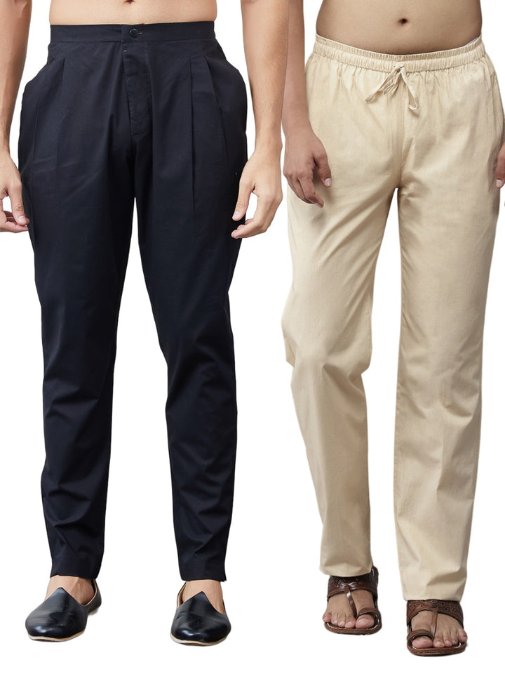 Combo Pack of 2: Black & Beige Solid Cotton Pyjamas