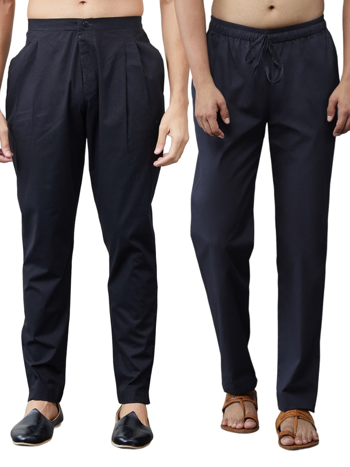 Combo Pack of 2: Black & Navy Blue Solid Cotton Pyjamas