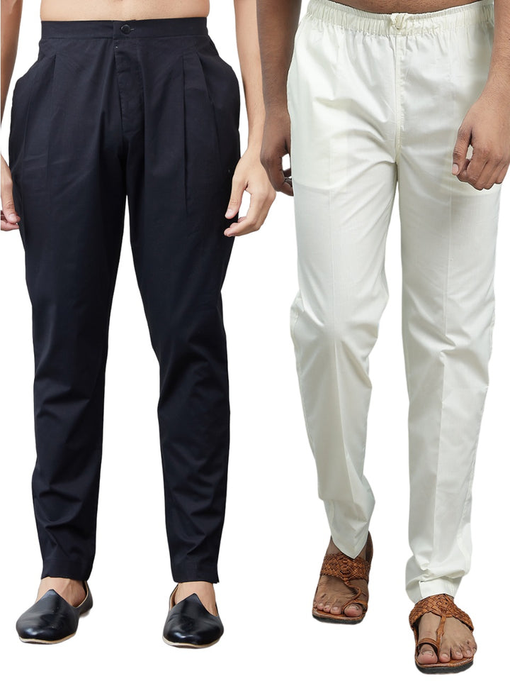 Combo Pack of 2: Black & Cream Solid Cotton Pyjamas