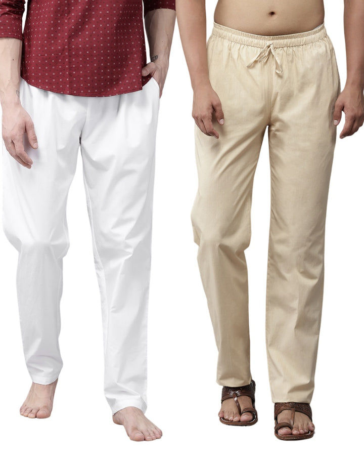 Combo Pack of 2: White & Beige Solid Cotton Pyjamas