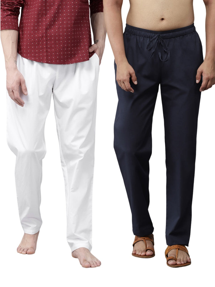 Combo Pack of 2: White & Navy Blue Solid Cotton Pyjamas