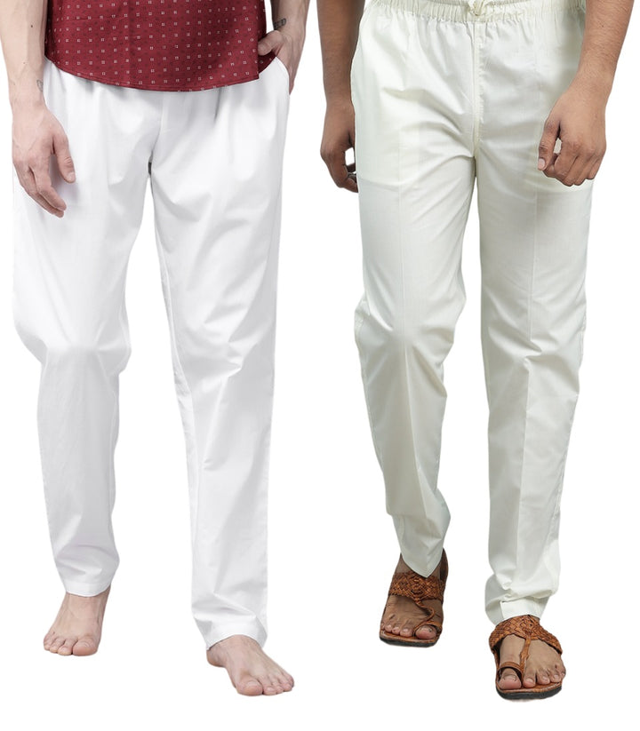 Combo Pack of 2: White & Cream Solid Cotton Pyjamas