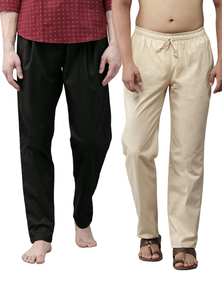 Combo Pack of 2: Black & Beige Solid Cotton Pyjamas