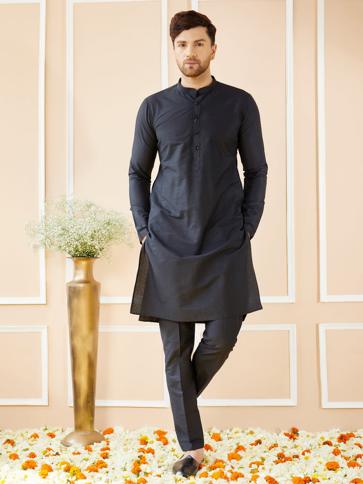 Black Cotton Solid Straight Kurta with Matching Pyjama