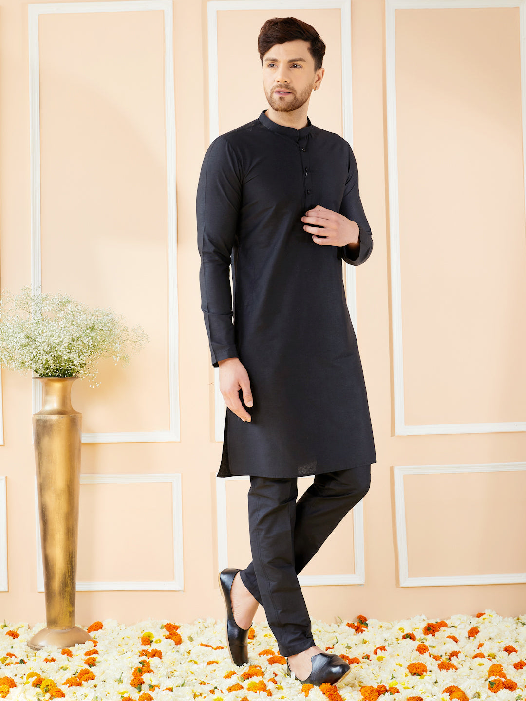 Black Cotton Solid Straight Kurta with Matching Pyjama