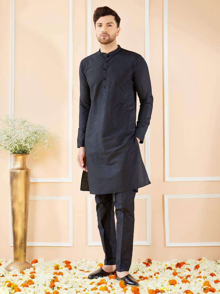 Black Cotton Solid Straight Kurta with Matching Pyjama