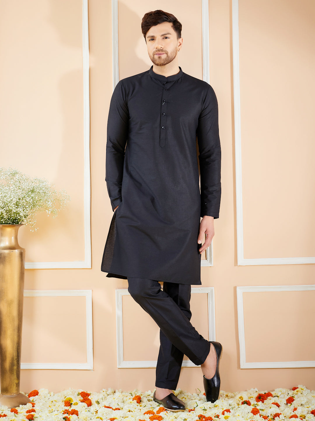 Black Cotton Solid Straight Kurta with Matching Pyjama