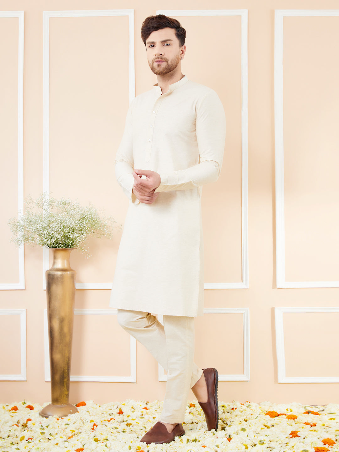 Ivory Cotton Solid Straight Kurta with Matching Pyjama