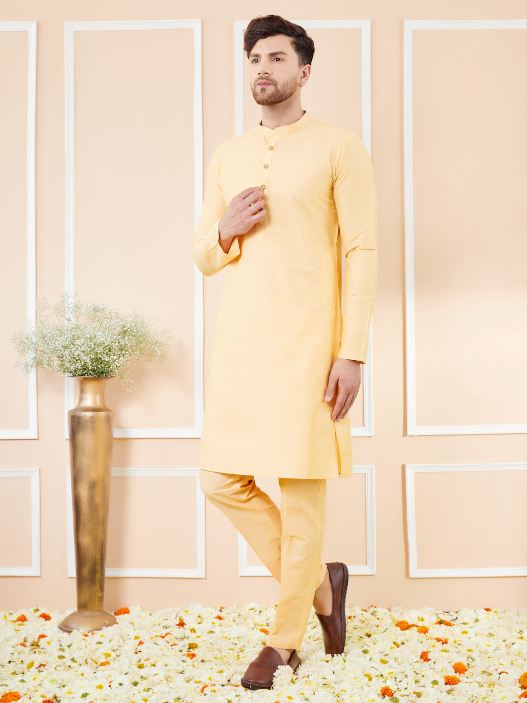 Beige Cotton Solid Straight Kurta with Matching Pyjama