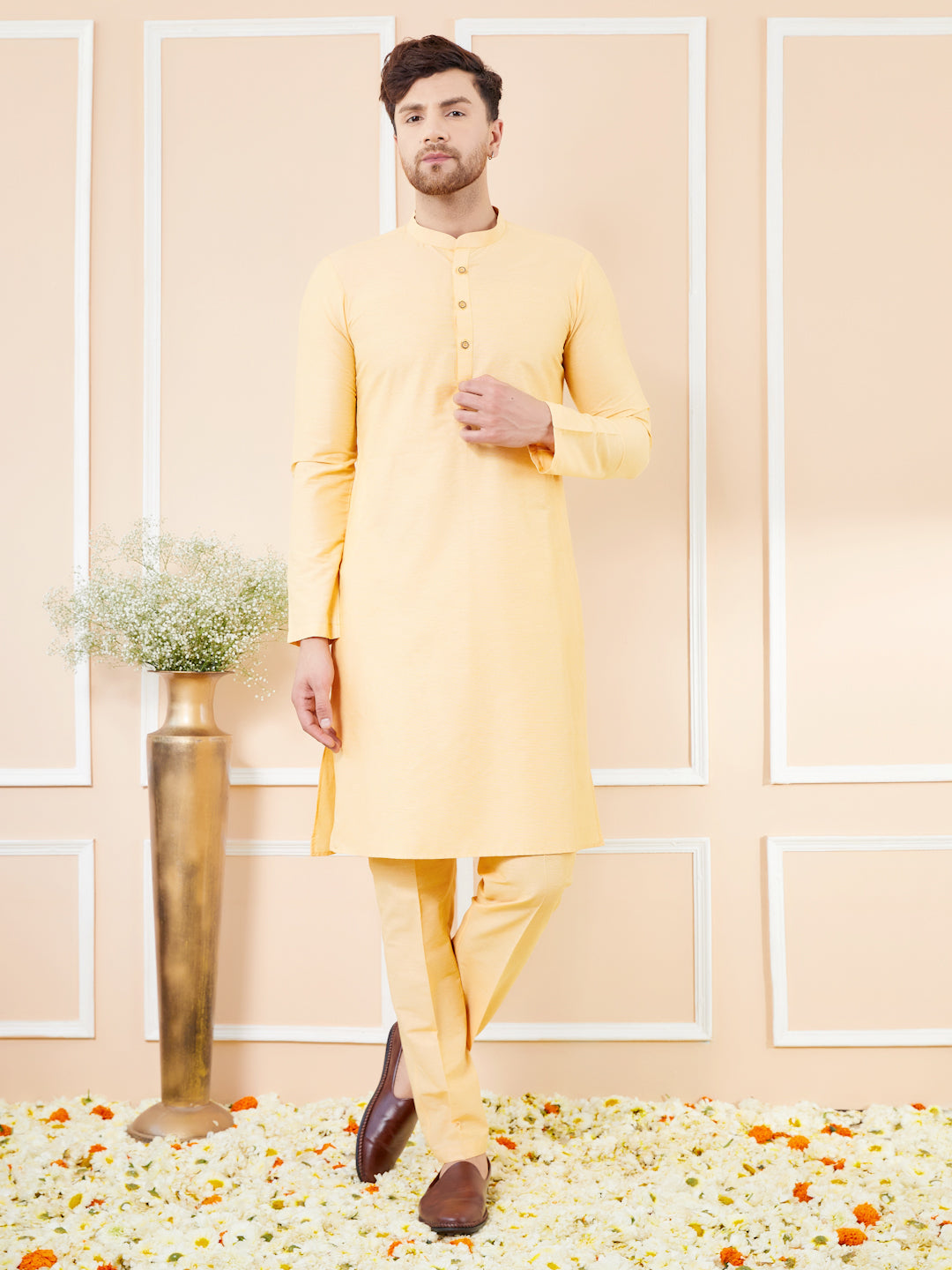 Beige Cotton Solid Straight Kurta with Matching Pyjama