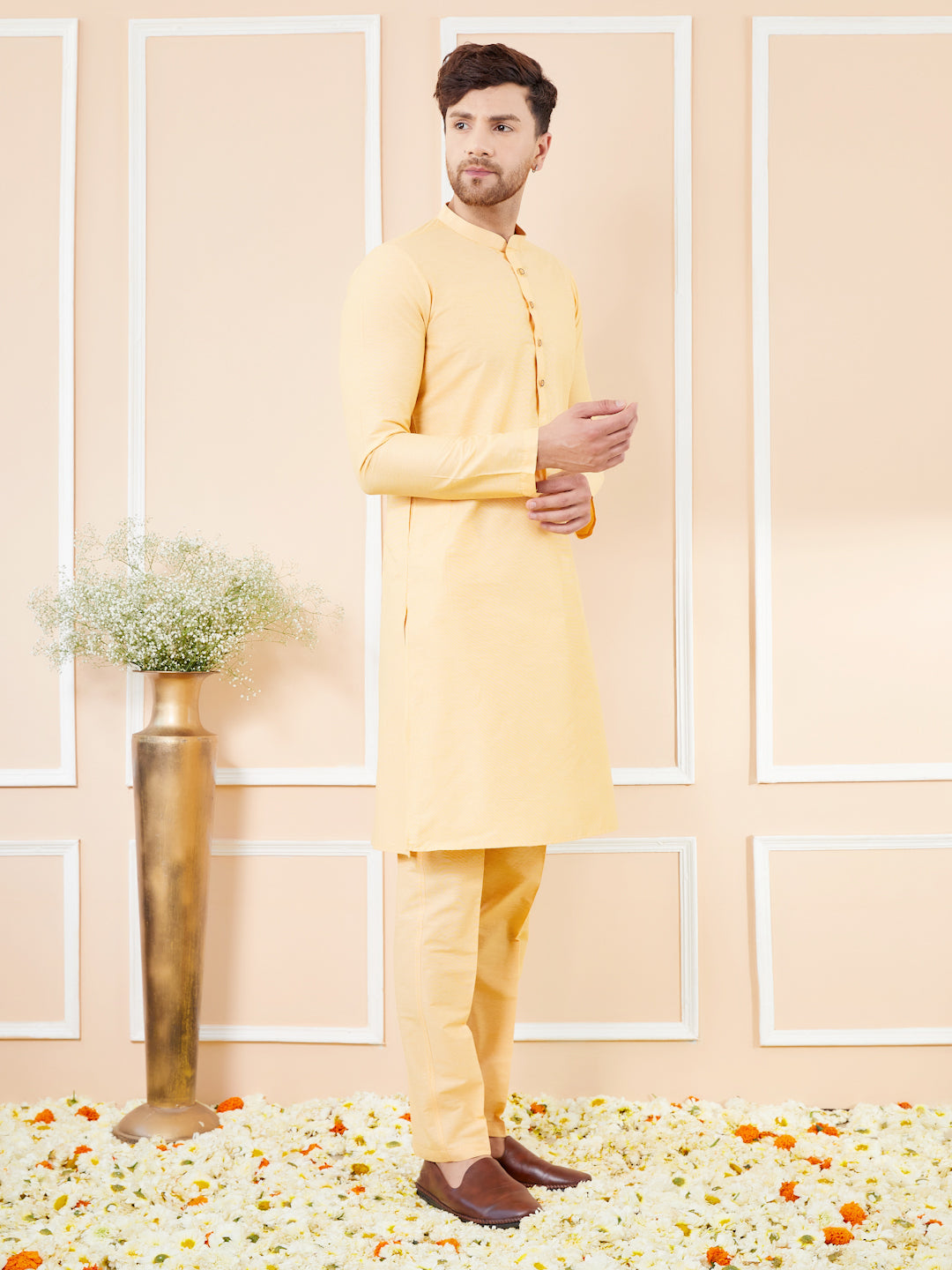 Beige Cotton Solid Straight Kurta with Matching Pyjama