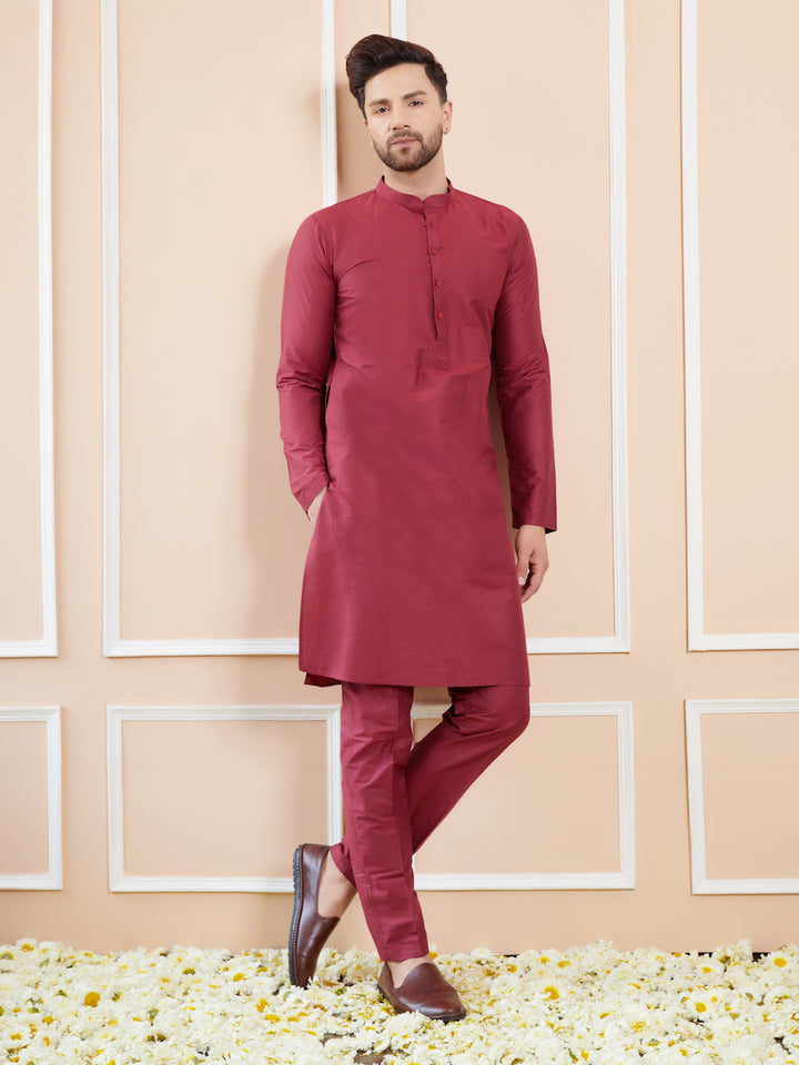 Maroon Cotton Solid Straight Kurta with Matching Pyjama