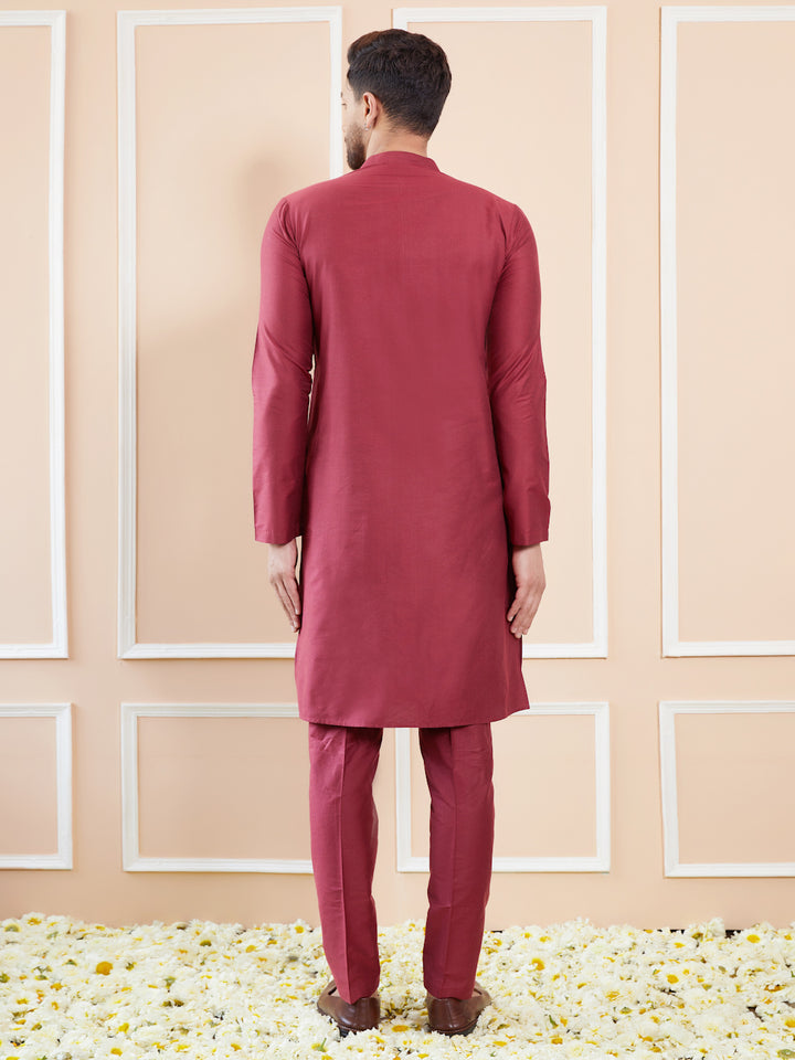 Maroon Cotton Solid Straight Kurta with Matching Pyjama