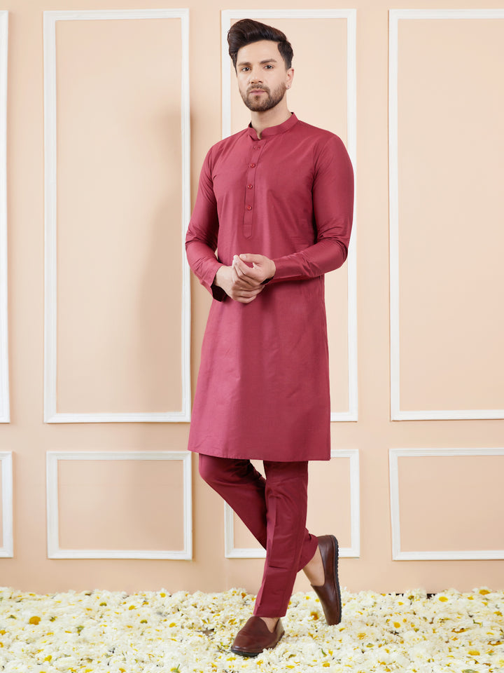 Maroon Cotton Solid Straight Kurta with Matching Pyjama