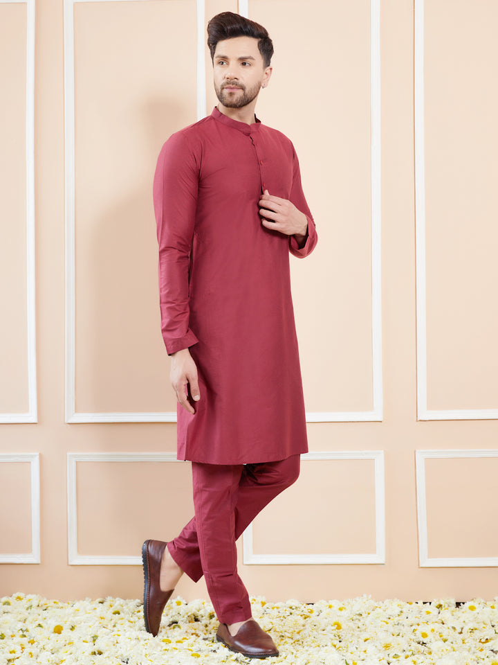 Maroon Cotton Solid Straight Kurta with Matching Pyjama